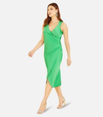 Green Satin Sleeveless Ruched Midi Wrap Dress New Look
