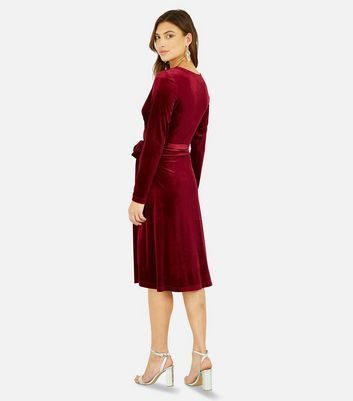 Burgundy Velvet V Neck Long Sleeve Midi Wrap Dress New Look