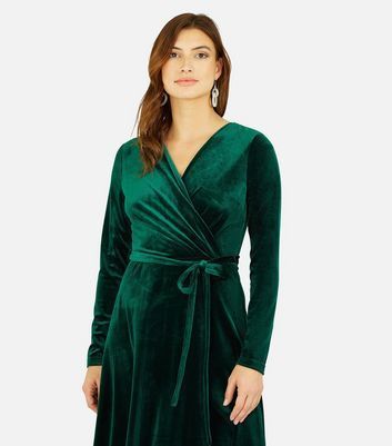 Green Velvet V Neck Long Sleeve Midi Wrap Dress New Look