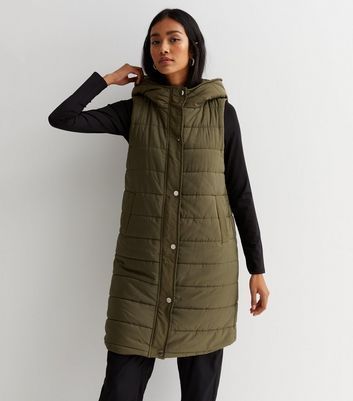 Olive Long Hooded Gilet New Look