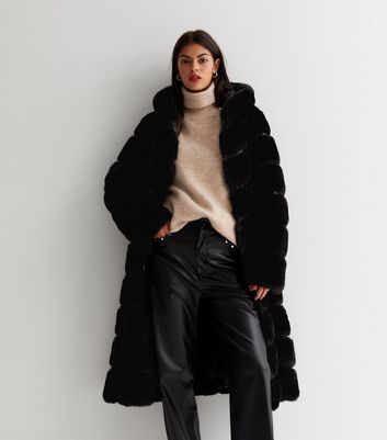 Black Faux Fur Hooded Long Coat New Look