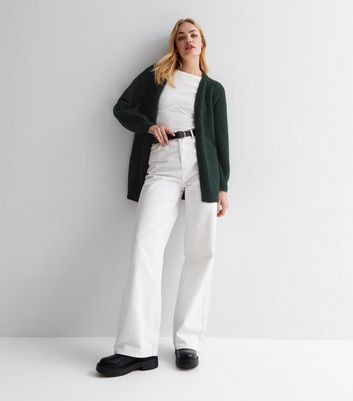 Dark Green Cable Knit Long Cardigan New Look