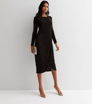 Black Glitter Ruched Front Long Sleeve Midi Dress New Look