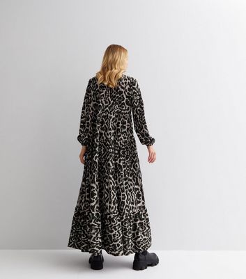 Black Animal Print V Neck Long Sleeve Maxi Smock Dress New Look