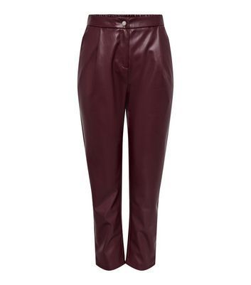 Dark Red Leather-Look High Waist Trousers New Look
