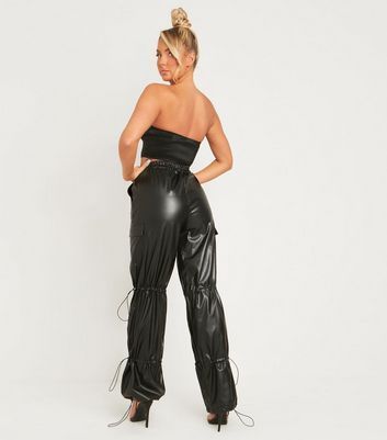 Black Leather-Look Parachute Trousers New Look