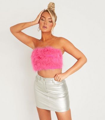 Bright Pink Faux Feather Bandeau New Look