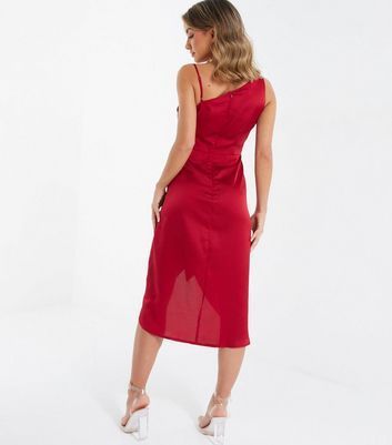 Dark Red Satin One Shoulder Belted Midi Wrap Dress New Look