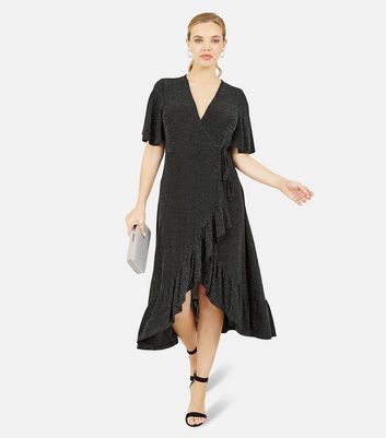 Black Glitter Short Sleeve Frill Midi Wrap Dress New Look