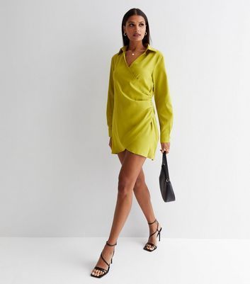 Light Green Satin Collared Long Sleeve Mini Wrap Dress New Look