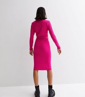 Bright Pink Ribbed Knit Belted Midi Polo Dress New Look