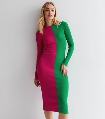 Multicoloured Two Tone Ribbed Long Sleeve Midi Dress New Look
