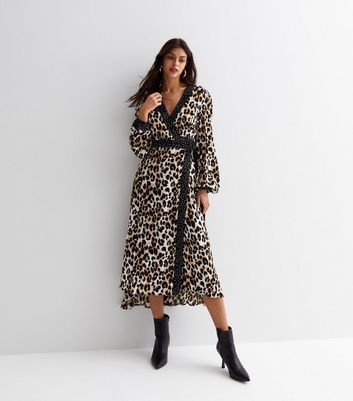 Brown Leopard Print V Neck Spot Trim Midi Dress New Look