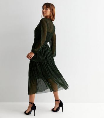 Dark Green Plissé Glitter V Neck Long Sleeve Tiered Midi Dress New Look