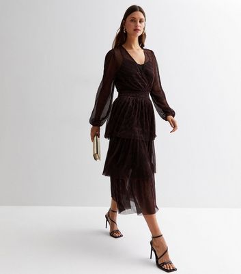 Black Plissé Glitter V Neck Long Sleeve Tiered Midi Dress New Look