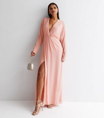 Mid Pink Plunge Neck Long Kimono Sleeve Maxi Wrap Dress New Look