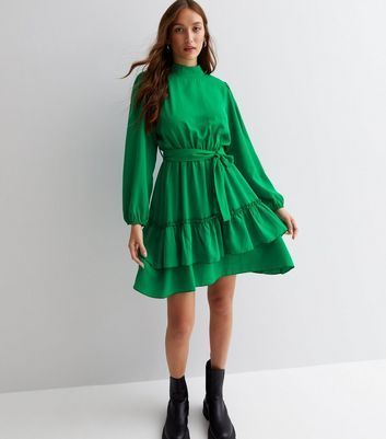 Green High Neck Long Puff Sleeve Tiered Hem Mini Dress New Look