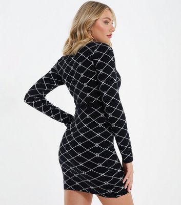 Black Geometric Knit Long Sleeve Button Front Mini Dress New Look