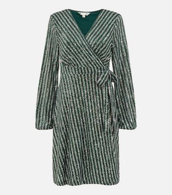 Green Stripe Sequin V Neck Long Puff Sleeve Mini Wrap Dress New Look