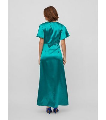 Turquoise Satin V Neck Short Flutter Sleeve Twist Front Maxi Dress New Look