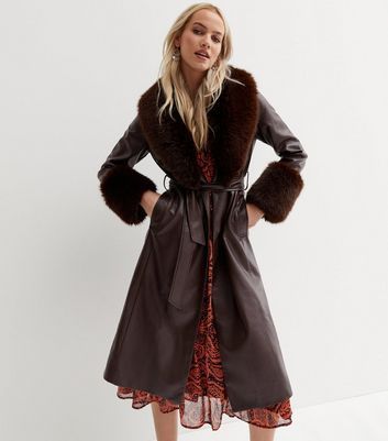 Dark Brown Leather-Look Faux Fur Trim Belted Coat New Look