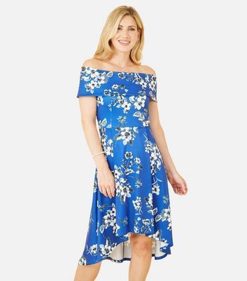 Blue Floral Satin Bardot Dip Hem Midi Dress New Look