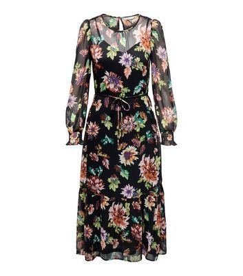 Black Floral Chiffon Long Sleeve Tiered Midi Dress New Look