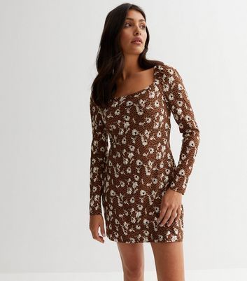 Brown Floral Spot Long Sleeve Bodycon Mini Dress New Look
