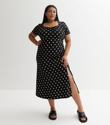 Curves Black Daisy Ribbed Jersey Sweetheart Midi Dress New Look