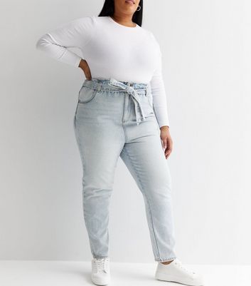 Curves Blue Paperbag High Waist Belted Dayna Tapered Jeans New Look