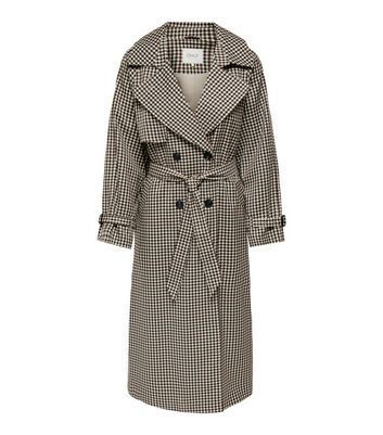 Black Check Revere Collar Belted Mac New Look