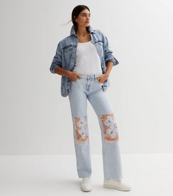 Pale Blue Paisley Knee Patch Mid Rise Wide Leg Jeans New Look