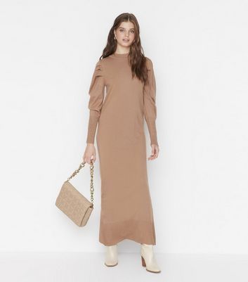 Camel Knit Ruched Puff Sleeve Maxi Dress New Look