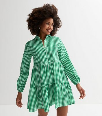 Green Check Long Puff Sleeve Mini Smock Dress New Look