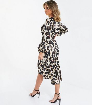 Off White Leopard Print Satin Long Puff Sleeve Midi Wrap Dress New Look