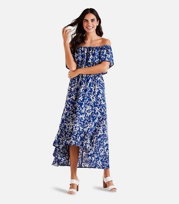 Blue Floral Bardot Dip Hem Midi Dress New Look