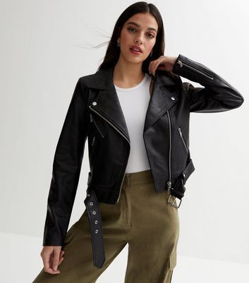 Black Leather-Look Belted Biker Jacket New Look