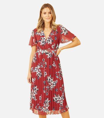 Red Floral Short Flutter Sleeve Pleated Belted Midi Wrap Dress New Look