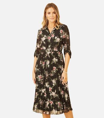 Black Floral Buckle Belted Pleated Midi Dress New Look