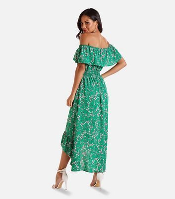 Green Ditsy Floral Frill Dip Hem Maxi Dress New Look
