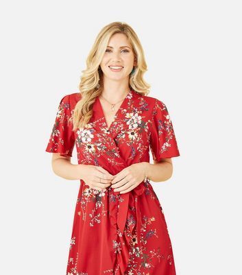 Red Floral Frill Midi Wrap Dress New Look