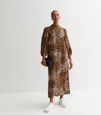 Brown Animal Print High Neck Long Sleeve Midi Dress New Look