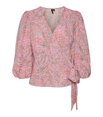 Curve Pink Abstract Doodle Print 3/4 Puff Sleeve Wrap Top New Look