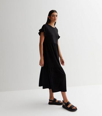 Black Jersey Frill Sleeve Midi Smock Dress New Look