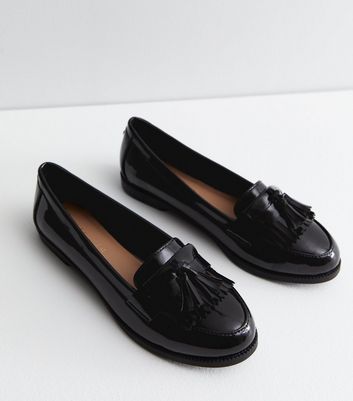 Black Patent Tassel Trim Loafers New Look Vegan