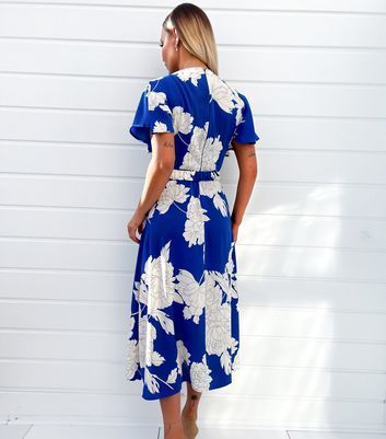 Blue Floral Belted Midi Wrap Dress New Look