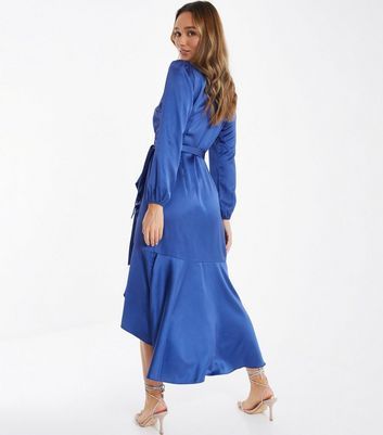 Bright Blue Satin Frill Midi Wrap Dress New Look