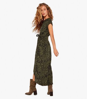 Khaki Abstract Belted Midi Wrap Dress New Look