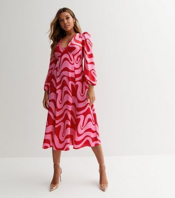 Pink Doodle Print Satin Puff Sleeve Midi Dress New Look