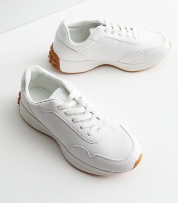 White Leather-Look Trim Lace Up Trainers New Look
